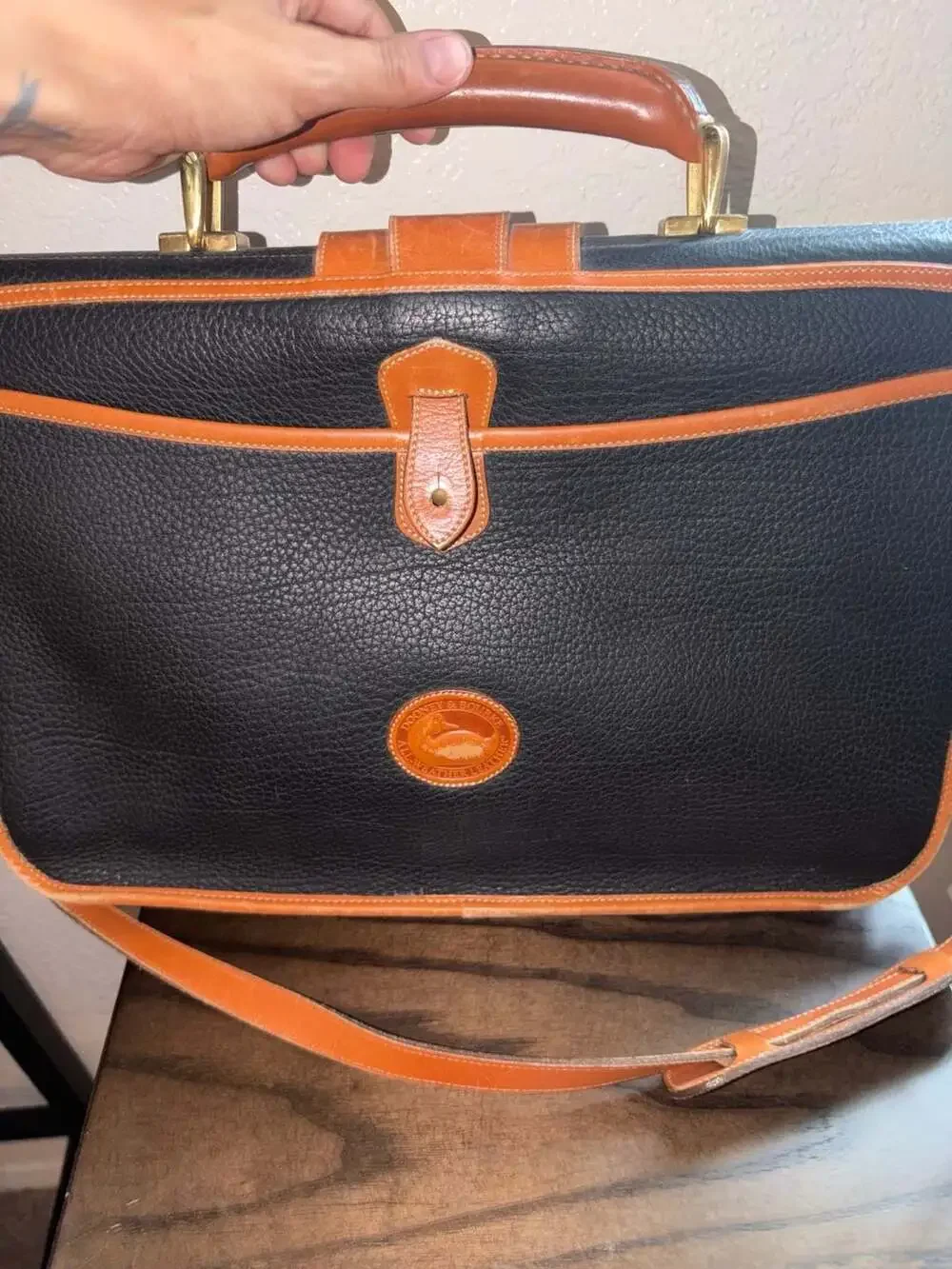 Vintage Dooney & Bourke All-Weather Leather Pebbled Black and Tan Briefcase